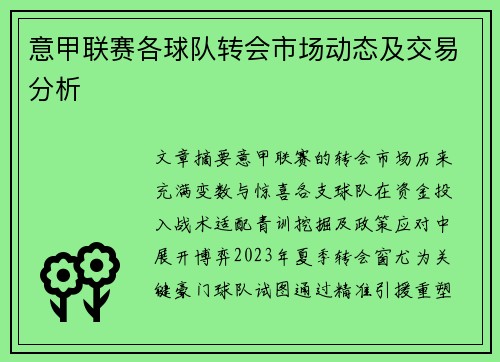 意甲联赛各球队转会市场动态及交易分析